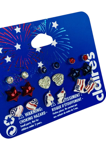 Claires New Set of 9 Post Pierced USA Earrings Patriotic Unicorn