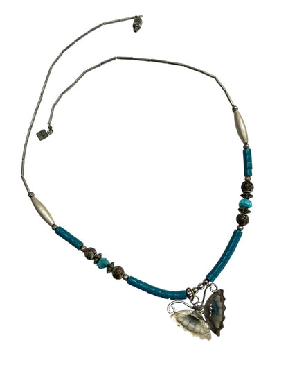 Vintage Silvertone Beaded Butterfly Pendant Necklace 19 Inch Barrel Clasp