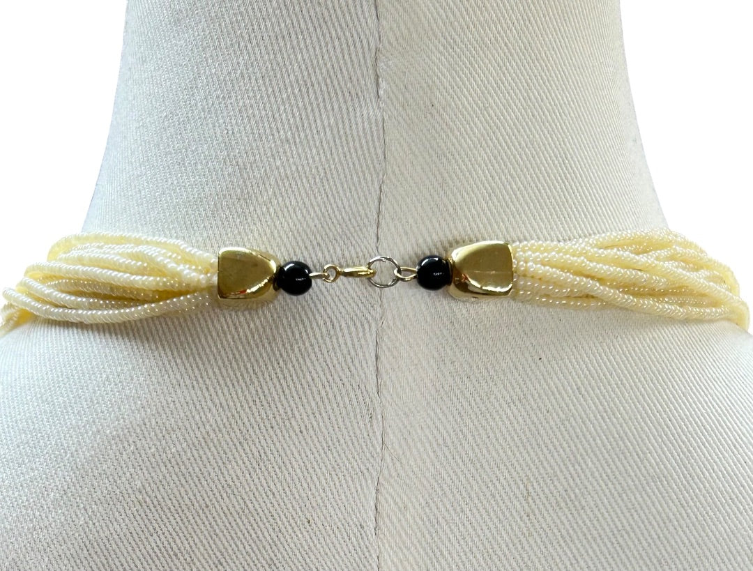 Multistrand Cream Black Beaded Necklace Goldtone Clasp 28 Inch