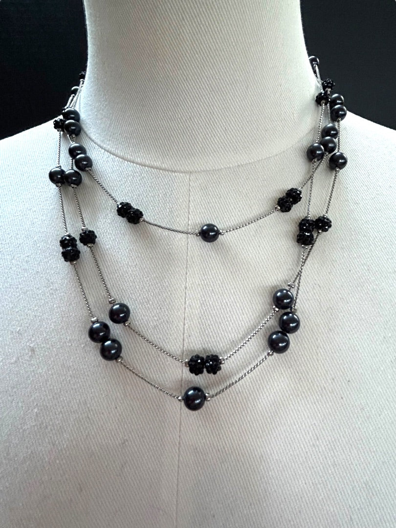 RMN Triple Strand Silvertone Beaded Tiered Necklace 16-20 Inches Lobster Clasp