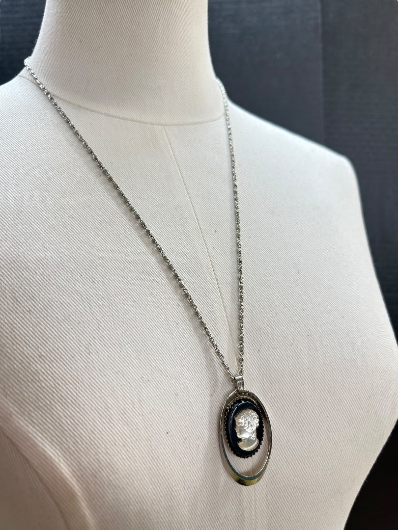 Silvertone Overhead Necklace 24 Inch Cameo Pendant 1.75"