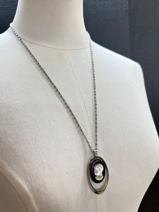Silvertone Overhead Necklace 24 Inch Cameo Pendant 1.75"