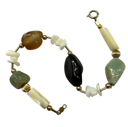 Stone Beaded Bracelet Agate Mother of Pearl 7.5 Inch Spring Clasp