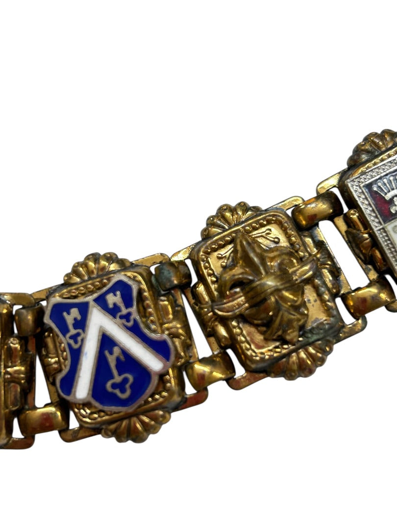 Vintage Goldtone 7 Panel Bracelet Crests France 7 Inch Chunky