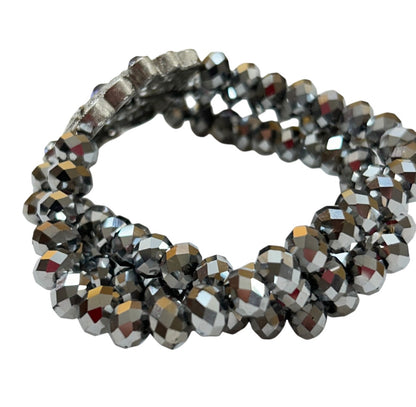 Triple Strand Stretch Bracelet Silvertone Faceted Beads Medallion