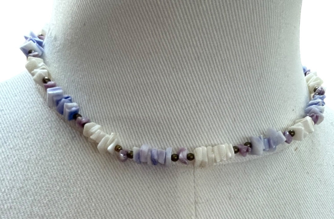 Puka Chip Shell Necklace White Purple Goldtone Barrel Clasp 16 Inch