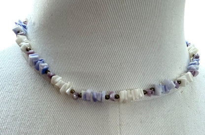 Puka Chip Shell Necklace White Purple Goldtone Barrel Clasp 16 Inch