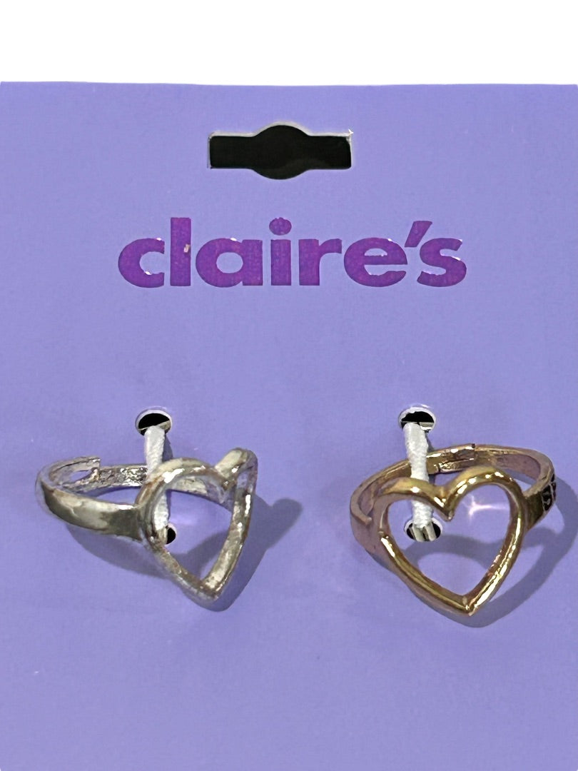 Claires New Set of 2 Adjustable Heart Rings Silvertone Goldtone