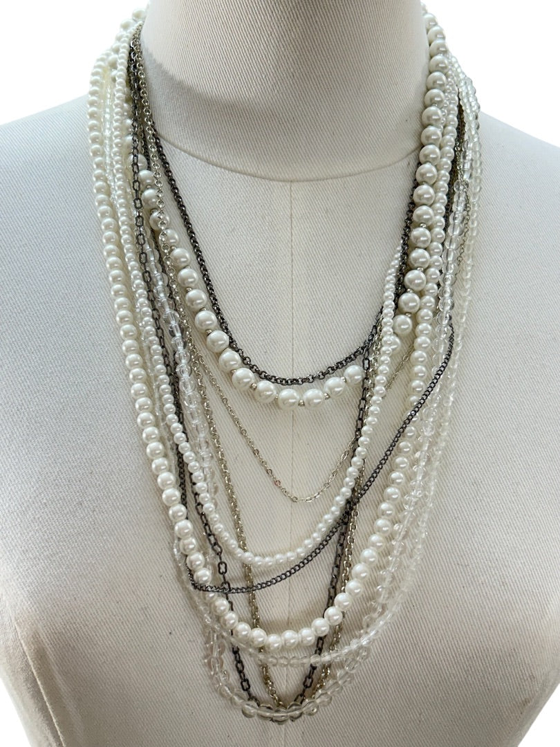 Mixed Beads Multistrand Tiered Necklace White Silvertone Pewter Oversize Lobster Clasp