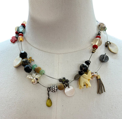 Multistrand Assorted Charm Necklace Funky Shells Elephant Multicolor 19-22 Inches