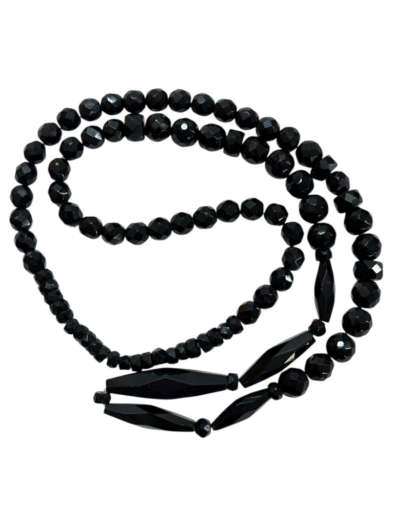 Vintage Jet Aurora Borealis Black Beaded Necklace Overhead 28 Inch