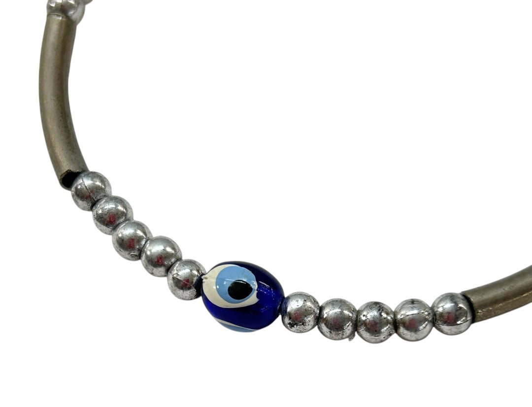 Silvertone Adjustable Bangle Bracelet Beaded Open Wire Blue Beads