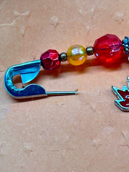 Harpo Originals Beaded Safety Pin Brooch Red Yellow Maple Leaf