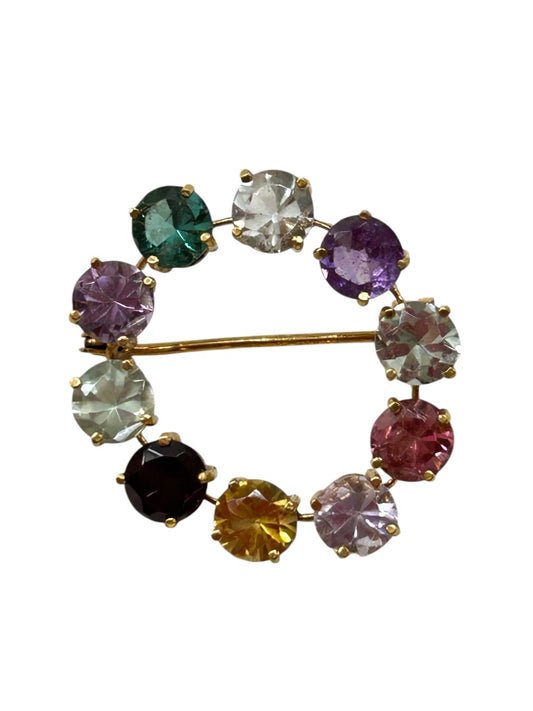 Multicolor Crystal Goldtone Brooch Pin Small 1 Inch Wreath Open