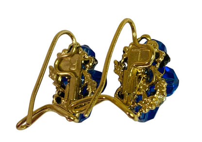Wingback Earrings Blue Aurora Borealis Crystal Cluster Goldtone Pierced 1 Inch