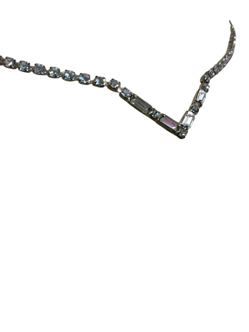 Vintage Rhinestone V Shape Necklace 15 Inch Silvertone Foldover Clasp