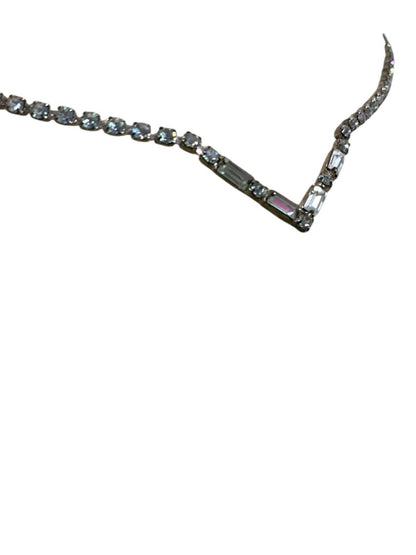 Vintage Rhinestone V Shape Necklace 15 Inch Silvertone Foldover Clasp