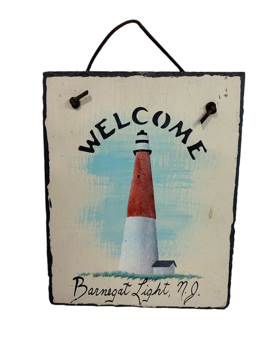 Painted Slate Wall Hanging "Welcome Barnegat Light, NJ" Lighthouse 10" x 8"