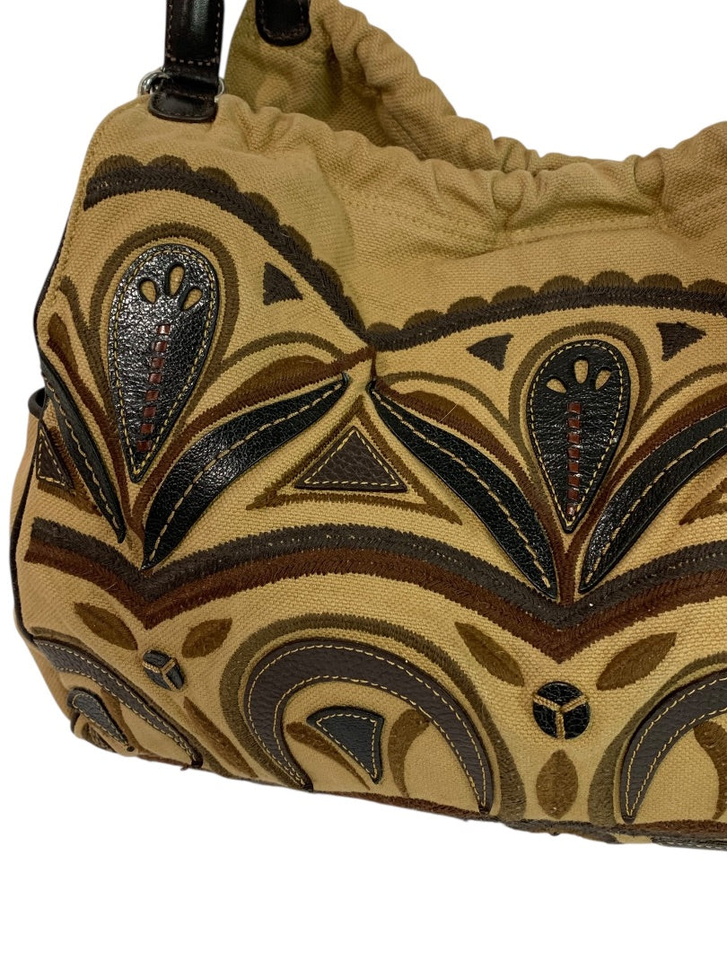 Brighton Canvas Shoulder Bag Brown Embroidered Hobo Heart Charm Large Tote