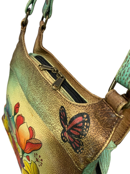 Anuschka Flower Leather 3 Compartment Shoulder Bag Hand-Painted USA