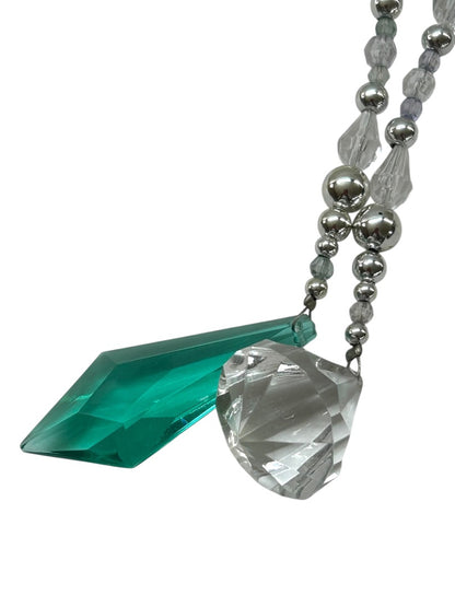 Two Wire Acrylic Beaded Haning Prisms Clear Teal Silvertone 14.5 Inch