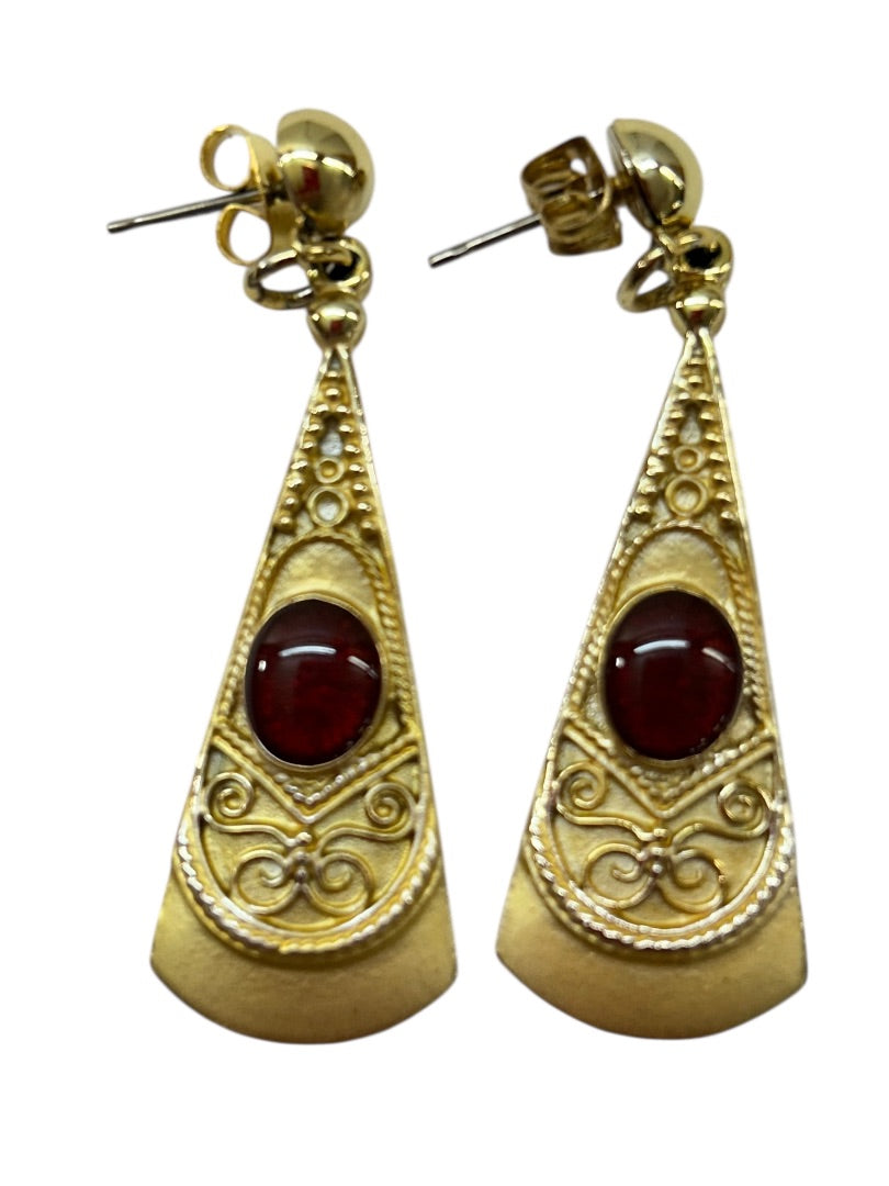 Brushed Goldtone Earrings Post Pierced Red Cabochon 1.75 Inch Drop