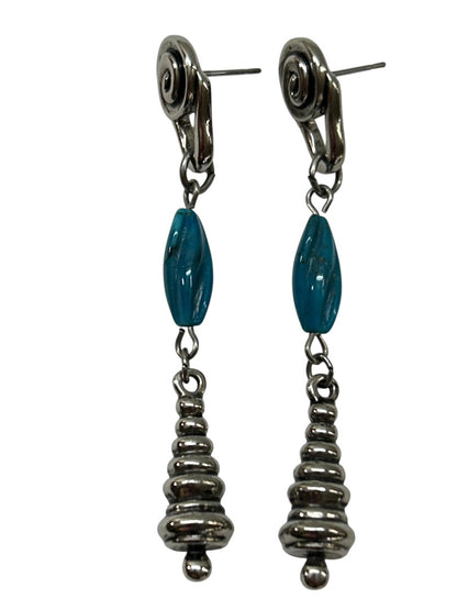 Silvertone Faux Turquoise Pierced Earrings 2.5 Inch Drop Dangle