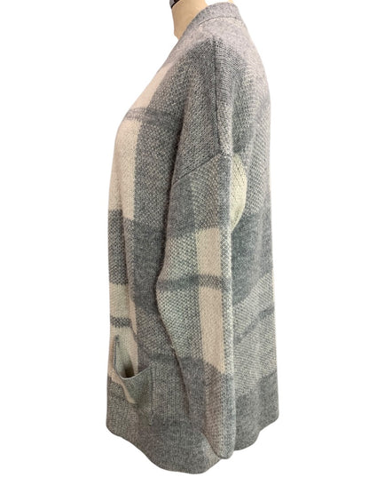 XS American Eagle Womens Open Cardigan Sweater Long Pockets Gray Plaid Wool Blend