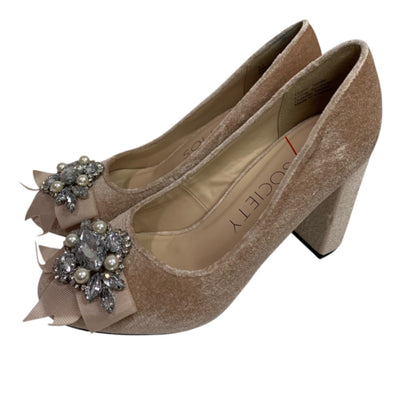 Size 5.5 Sole Society Womens Beige Velvet Embellished 3" Block Heels