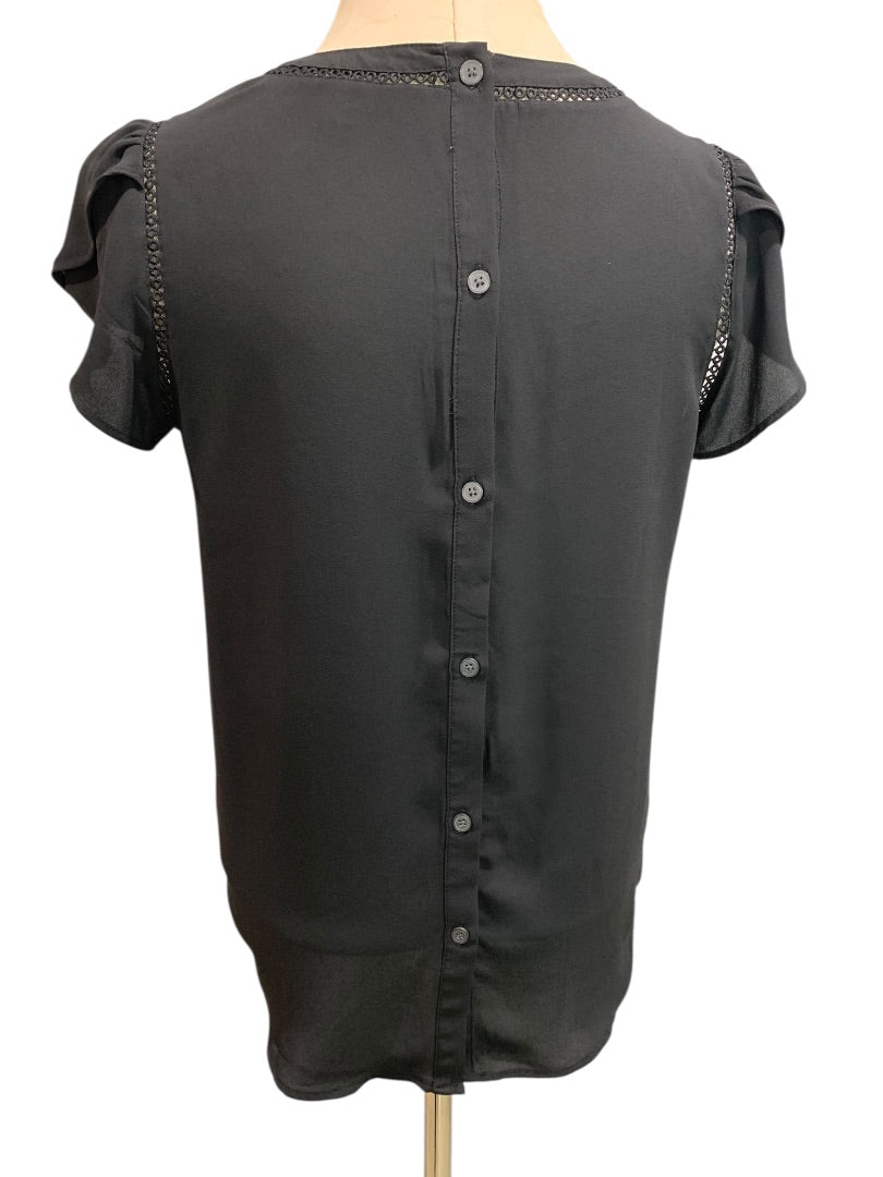 XS Loft Womens Black Short Sleeve Blouse Slightly Sheer Button Back