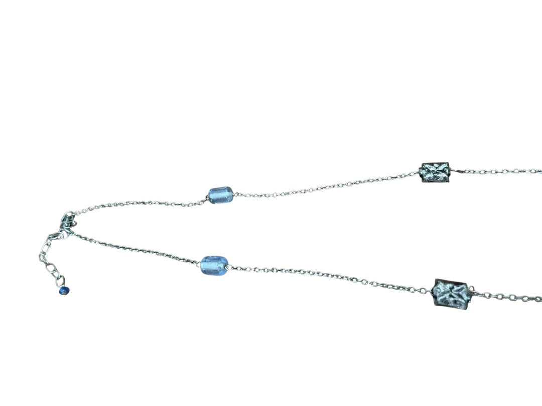 Small Blue Bead and Silvertone Bead Chain Adjustable Necklace 57 Inch