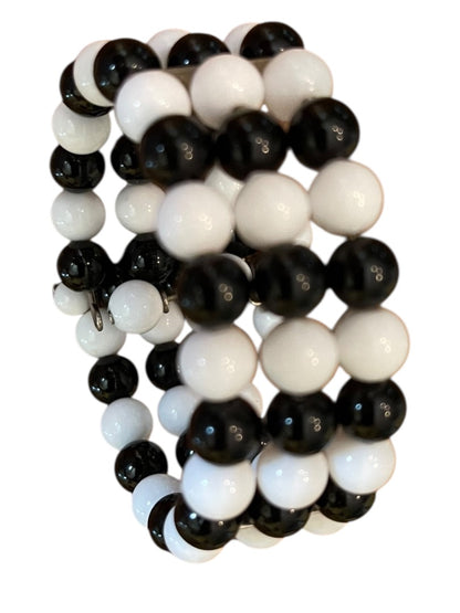 Vintage 3 Strand Black White Beaded Adjustable Cuff Bracelet