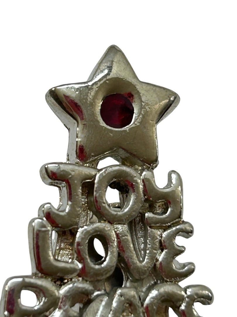 Vintage Silvertone Christmas Tree Brooch Pin 2" Joy Love Peace Giving