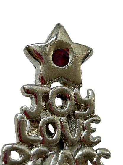 Vintage Silvertone Christmas Tree Brooch Pin 2" Joy Love Peace Giving
