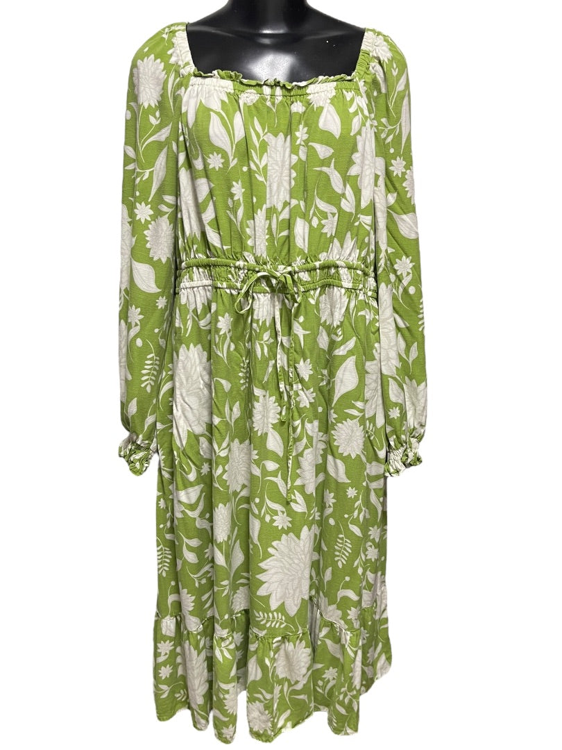 1XL Ava & Viv Floral Long Sleeve Tie Waist Dress Green Boho Style