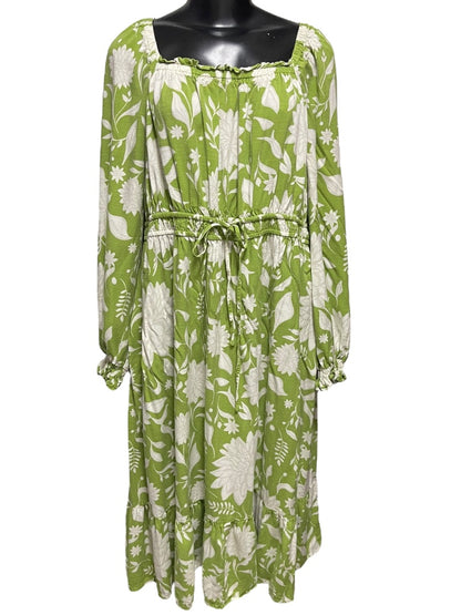 1XL Ava & Viv Floral Long Sleeve Tie Waist Dress Green Boho Style