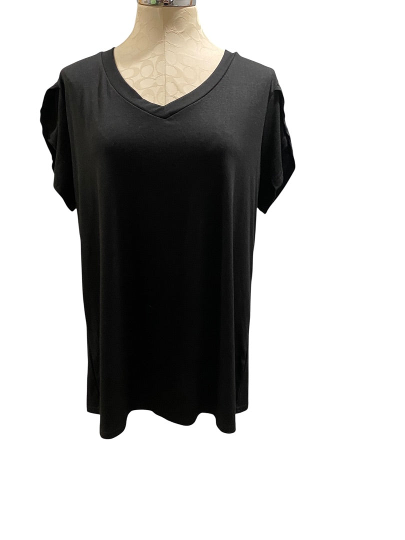 XL Womens Black V-Neck Tshirt Petal Sleeve Soft