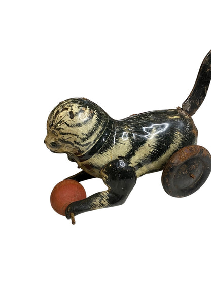 1930s Marx Tin Toy Friction Lever Cat with Wooden Ball 8" Length