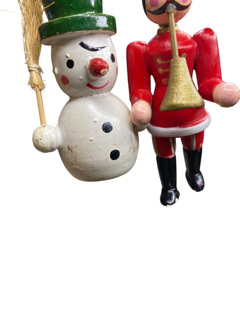 Vintage Wooden Christmas Holiday Ornaments Scary Snowman Soldier 4"