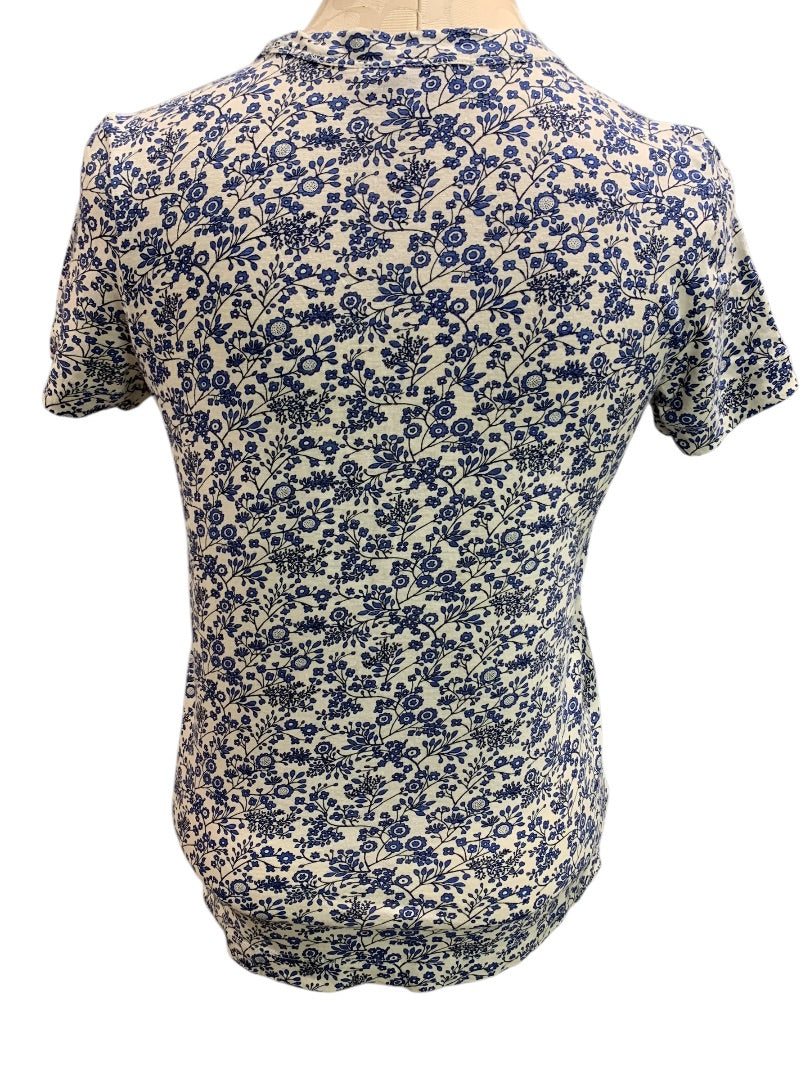 XS Loft Womens Tshirt Floral Embroidered Paris Blue