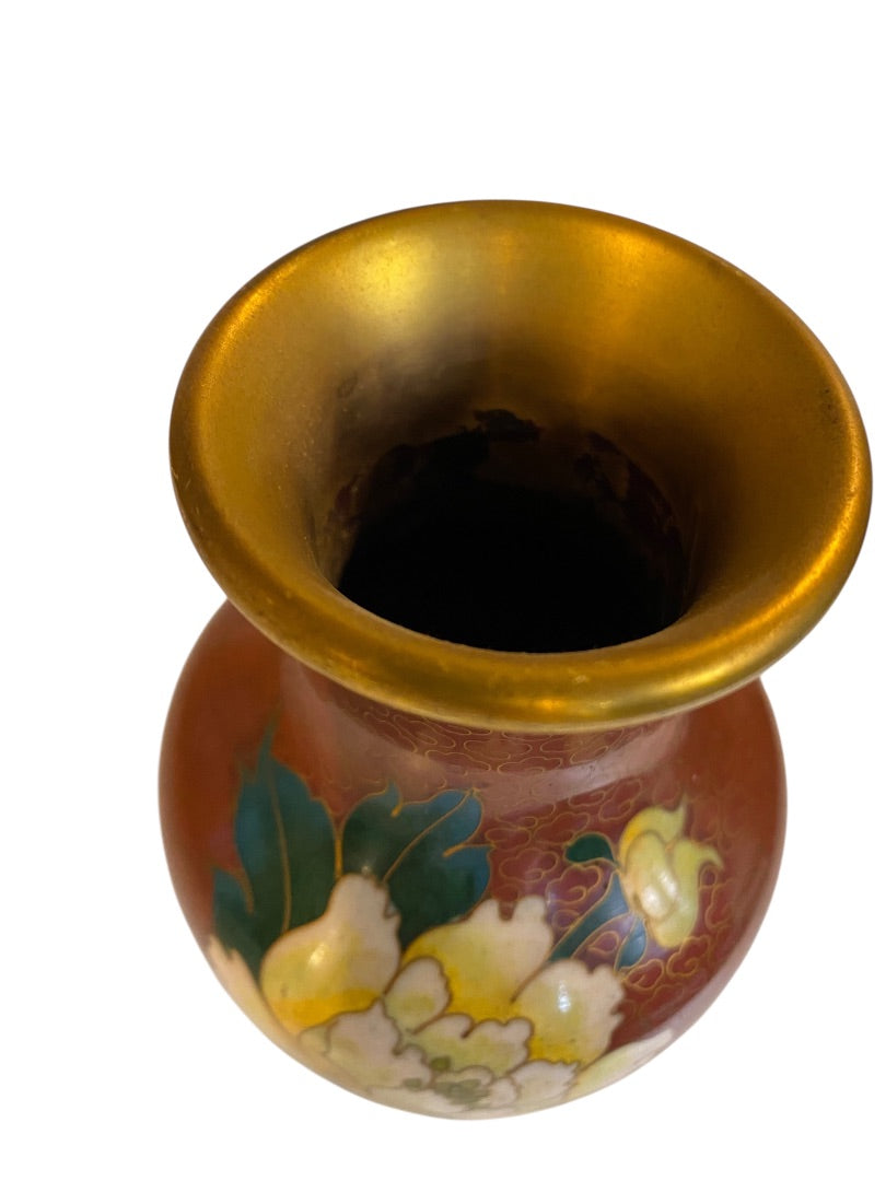 Vintage Oriental Yellow Peonies Enamel Cloisonne Vase 7"
