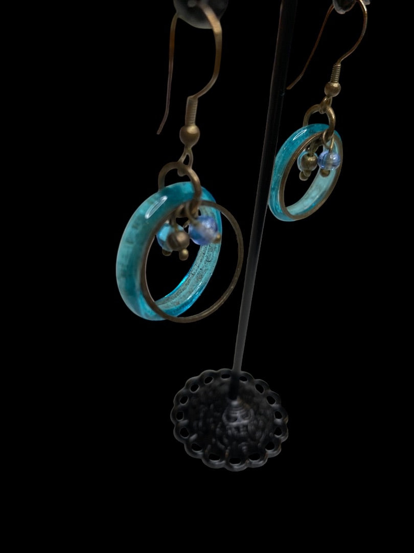 Artsy Copper Color Pierced Earrings Fishhook Teal 1.75" Drop