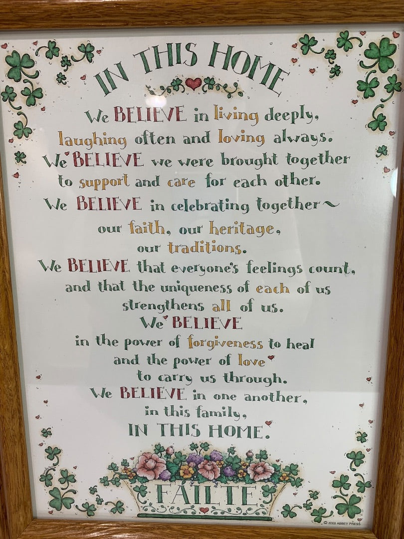 Framed Poem "In This Home . . . " Floral Shamrock Print 13.75" x 10.5"