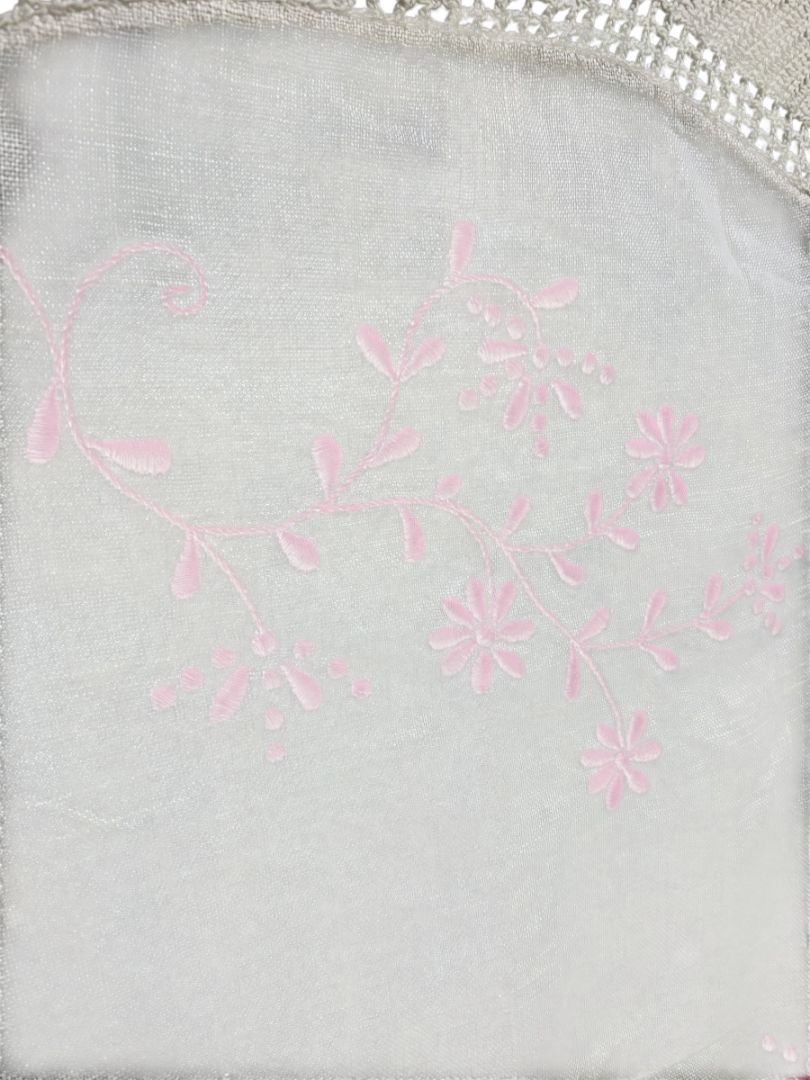 Vintage 40" Round Table Cloth Pink Embroidery Knit Crochet Edging