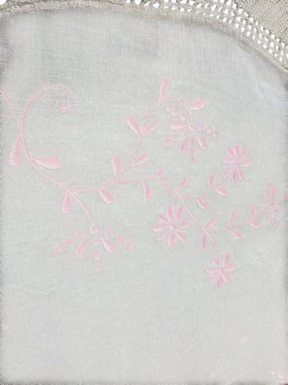 Vintage 40" Round Table Cloth Pink Embroidery Knit Crochet Edging