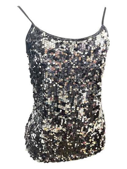 Medium Ambiance Womens Sequin Adjustable Strap Cami Black Silver