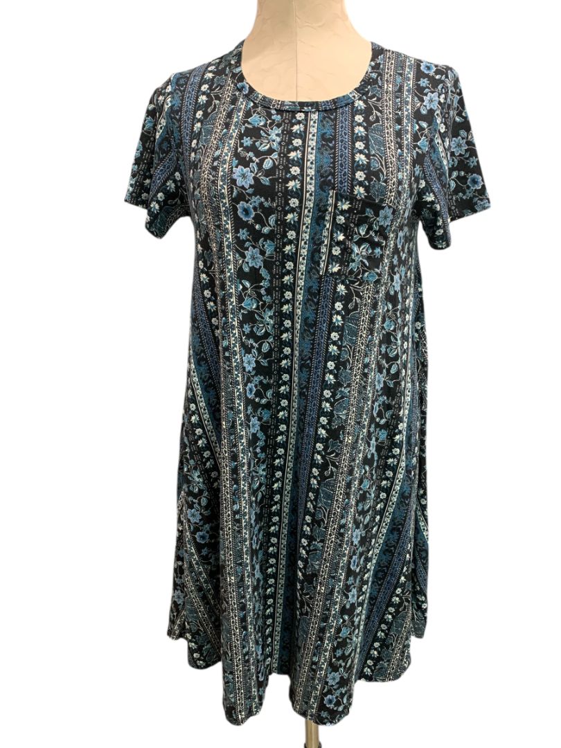 Size XS LulaRoe Blue Stripe Floral Carly Dress Hi Lo Hem Tshirt