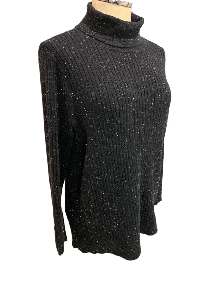 Size 1X Talbots Woman Black Flecked Turtleneck Sweater Ribbed Knit