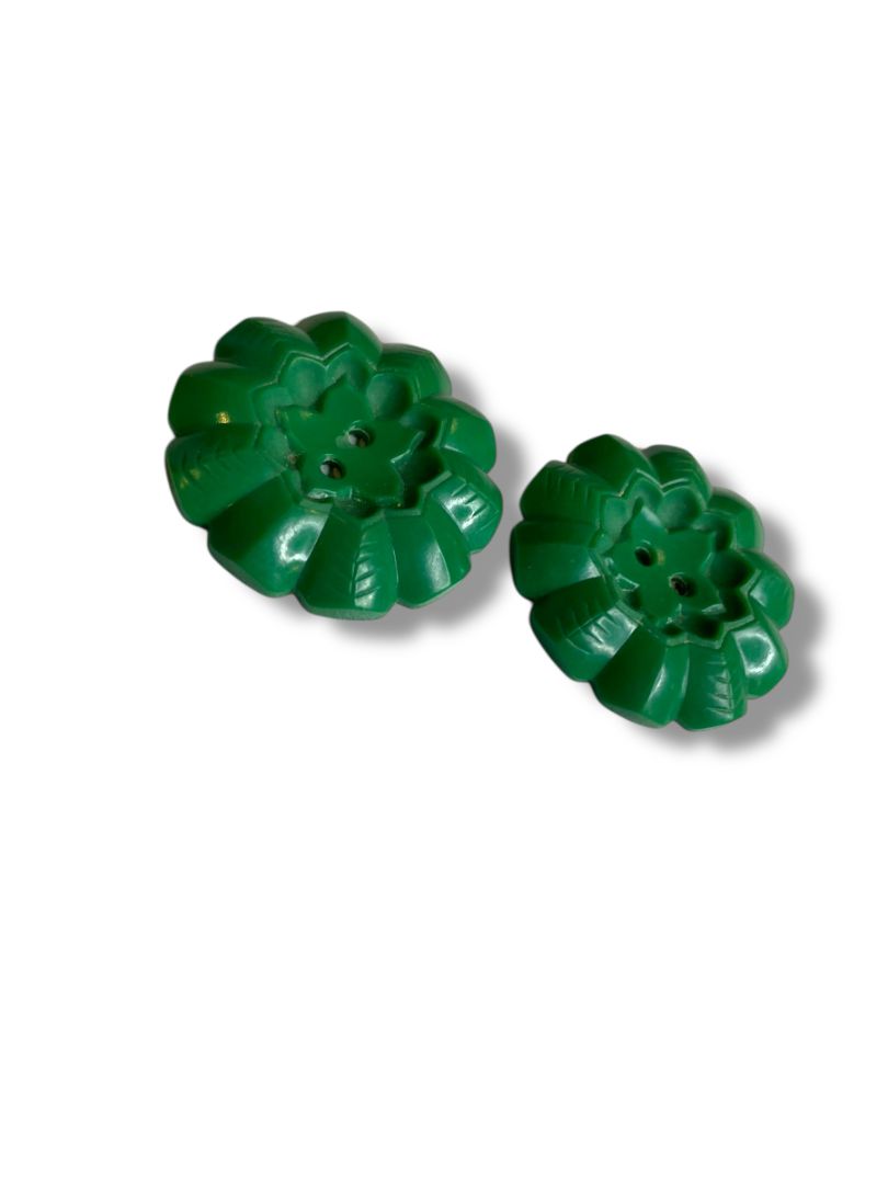 Set of 2 Green Midcentury Buttons Acrylic Flower Design 1.3" (34mm)