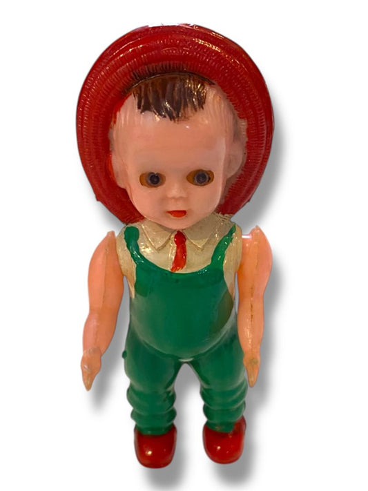 1950s Celluloid Farm Boy Doll Sleep Wake Eyes 4" Green Overalls